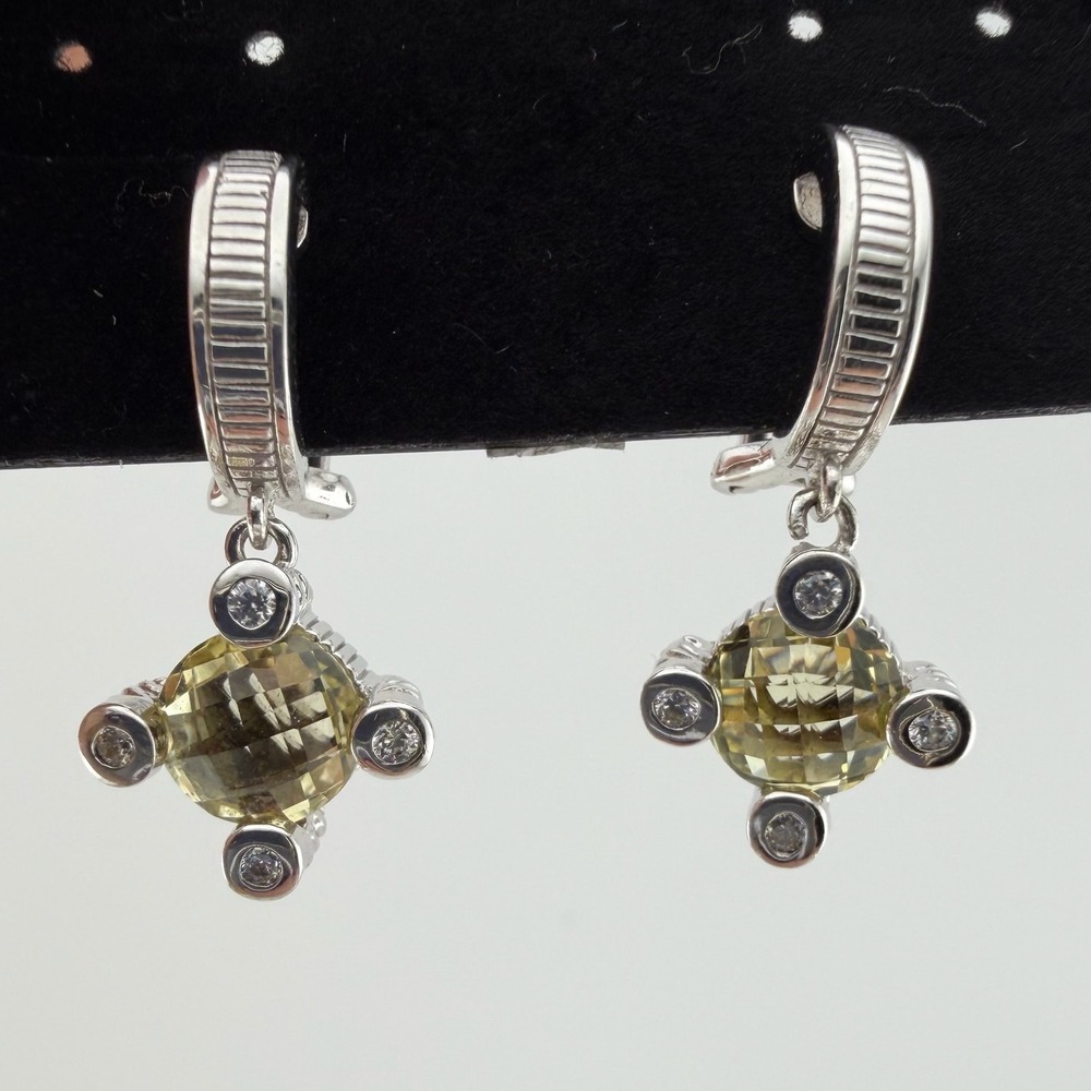 Judith Ripka 925 Sterling Silver Yellow Quartz CZ Drop Earrings Leverback
